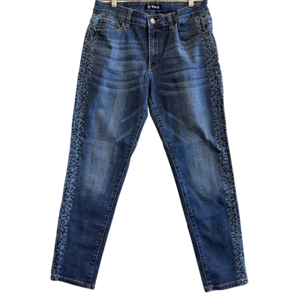 Vocal Jeans Women XL Blue Leopard Print Side Stripe Denim Pants IM1726P